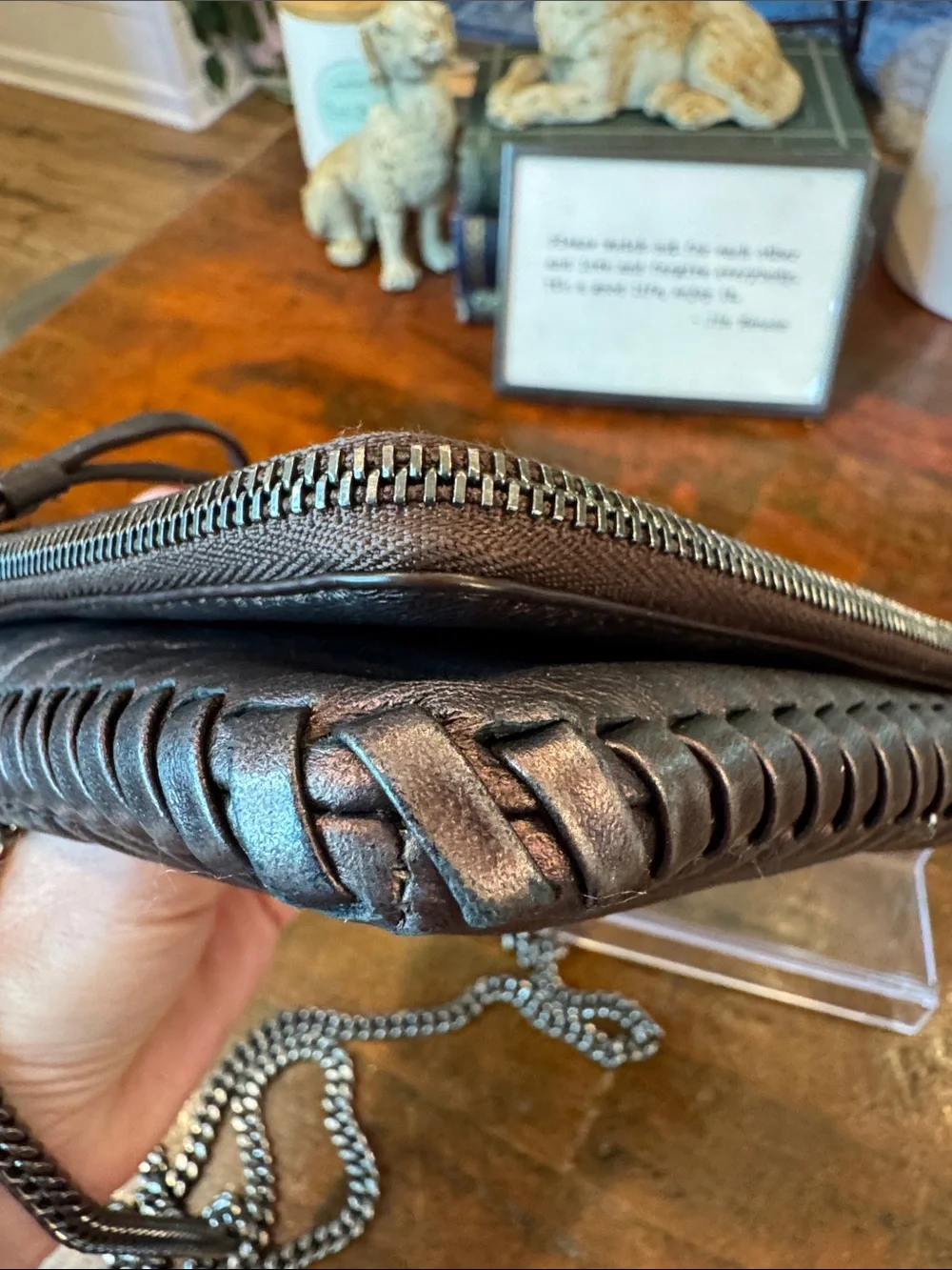 AllSaints Bronze Leather Crossbody Bag with Gunmetal Chain